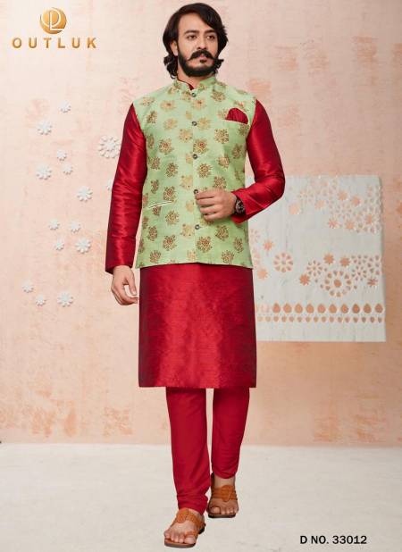 Red And Cream Colour Latest Design Festive Wear Art Silk Digital Printed Kurta Pajama With Jacket Mens Collection 33012